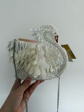 White Feather & Bead Swan Mini Crossbody Bag